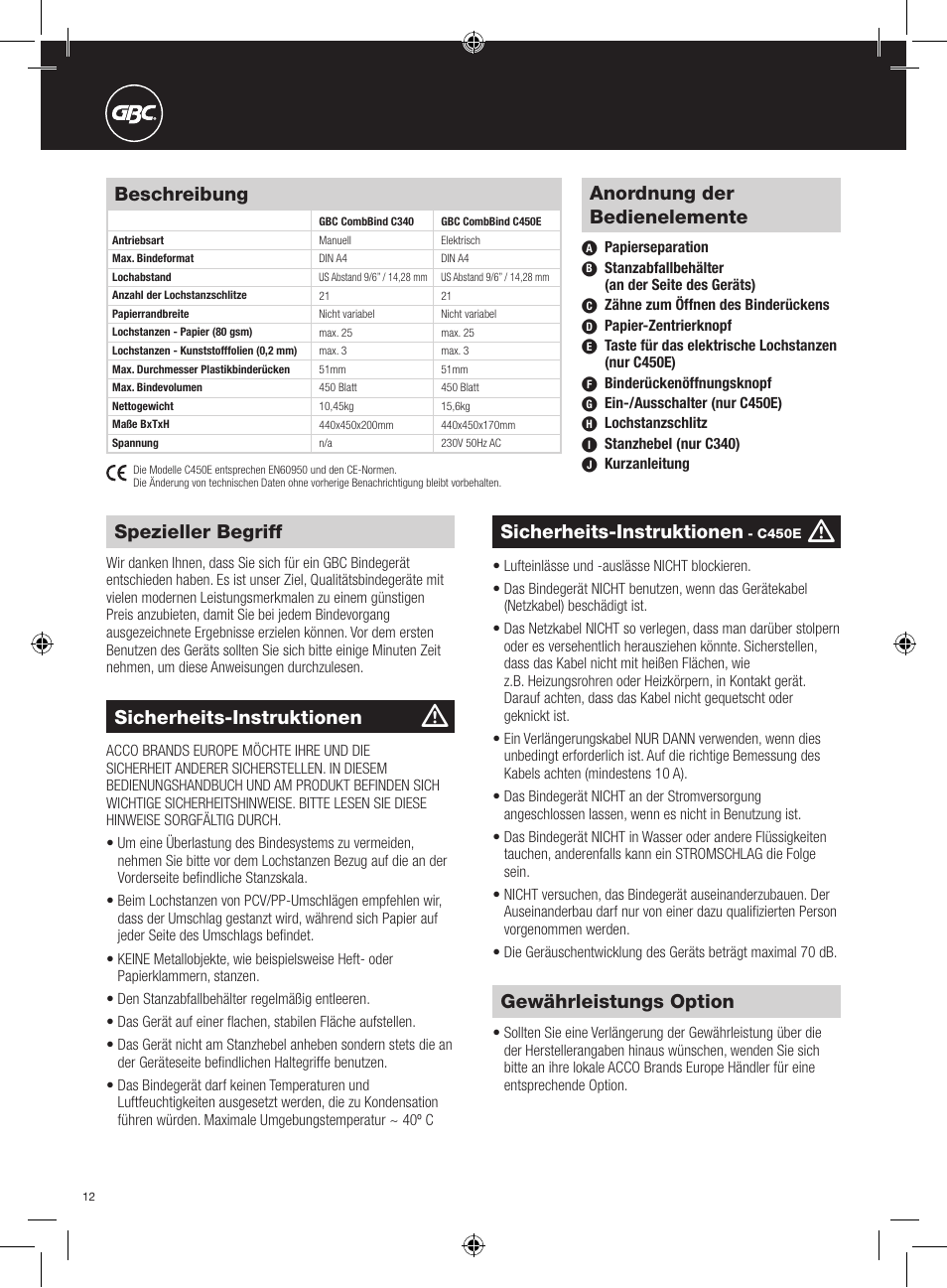 Gewährleistungs option, Sicherheits-instruktionen, Anordnung der bedienelemente | Spezieller begriff, Beschreibung | GBC C450E User Manual | Page 12 / 74