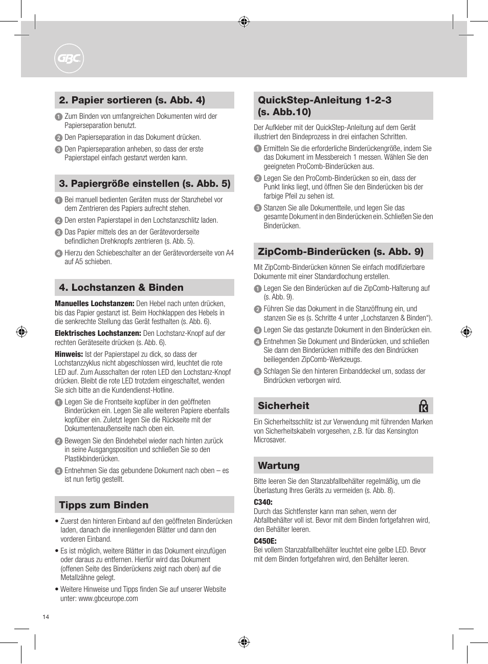 Lochstanzen & binden, Tipps zum binden, Zipcomb-binderücken (s. abb. 9) | Papier sortieren (s. abb. 4), Papiergröße einstellen (s. abb. 5), Wartung, Sicherheit | GBC C450E User Manual | Page 14 / 74