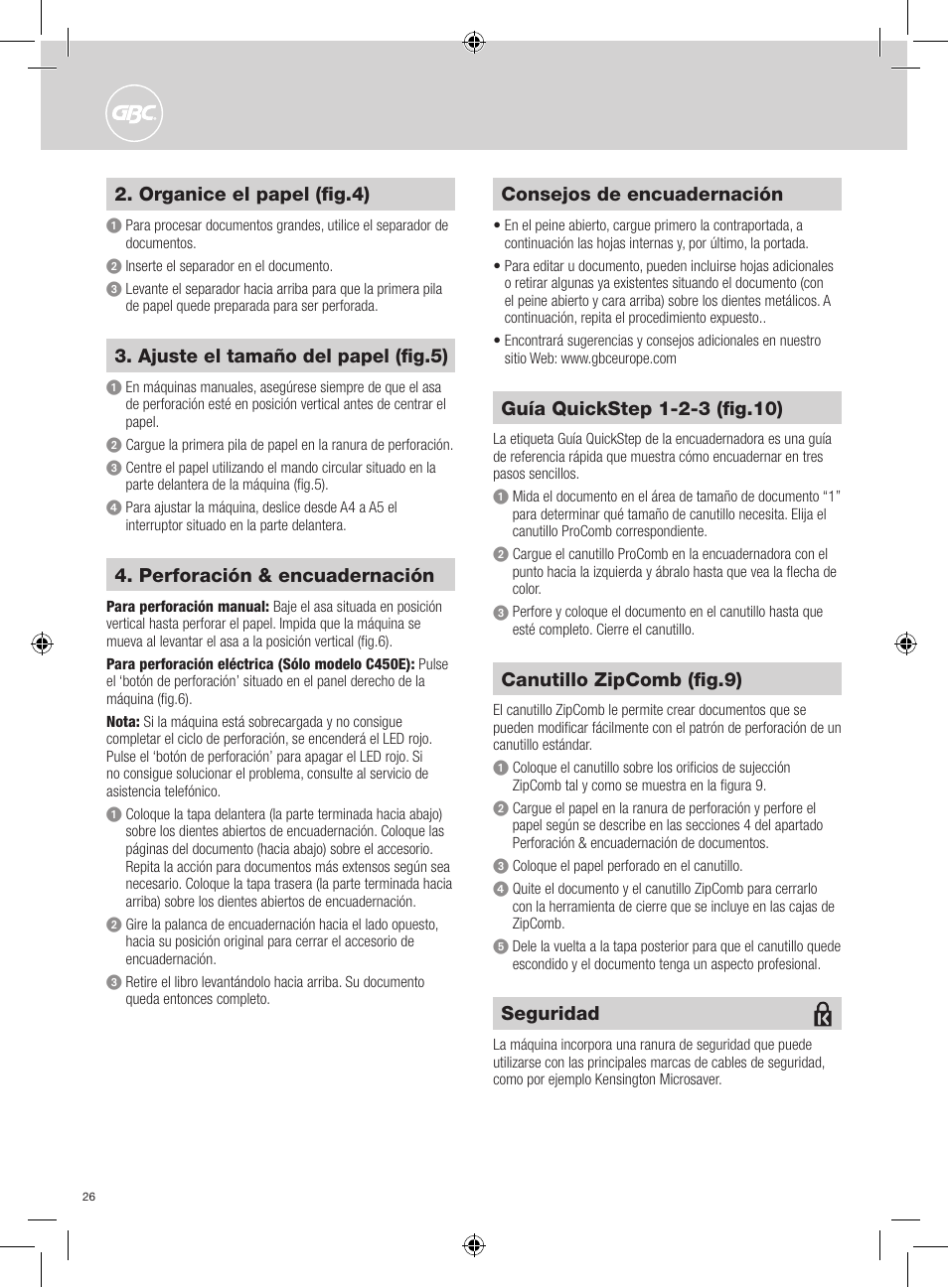 Perforación & encuadernación, Consejos de encuadernación, Canutillo zipcomb (fig.9) | Organice el papel (fig.4), Ajuste el tamaño del papel (fig.5), Seguridad | GBC C450E User Manual | Page 26 / 74