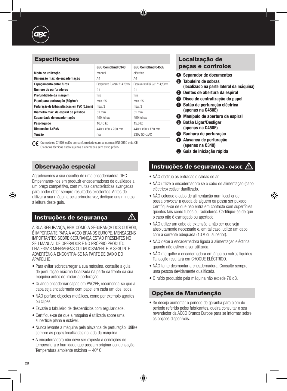 Observação especial, Opções de manutenção, Instruções de segurança | Localização de peças e controlos, Especificações | GBC C450E User Manual | Page 28 / 74