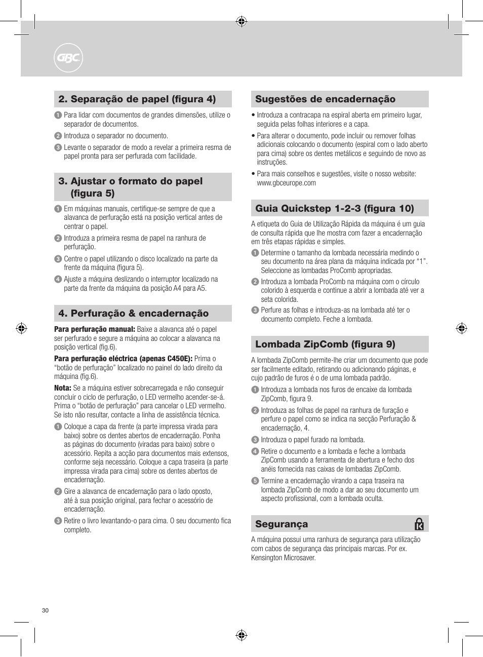 Perfuração & encadernação, Sugestões de encadernação, Separação de papel (figura 4) | Ajustar o formato do papel (figura 5), Segurança, Lombada zipcomb (figura 9) | GBC C450E User Manual | Page 30 / 74