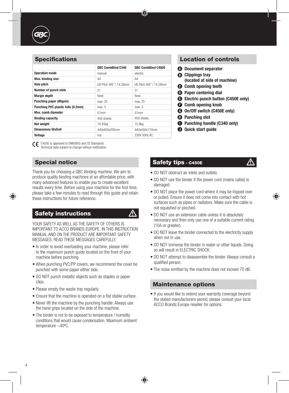 Special notice, Safety instructions, Safety tips | Maintenance options, Specifications, Location of controls | GBC C450E User Manual | Page 4 / 74