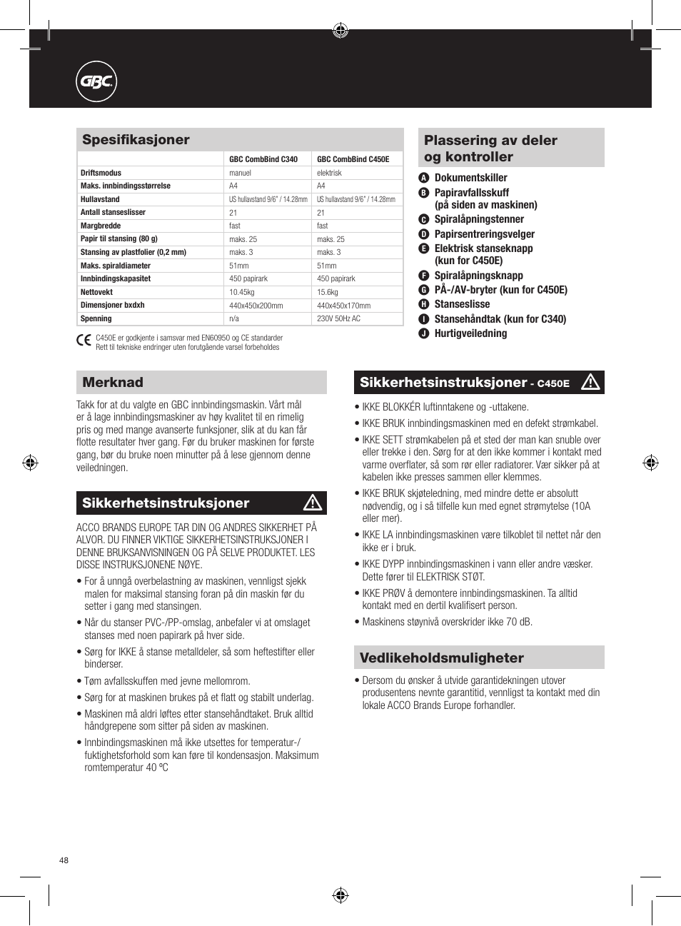 Merknad, Vedlikeholdsmuligheter, Sikkerhetsinstruksjoner | Plassering av deler og kontroller, Spesifikasjoner | GBC C450E User Manual | Page 48 / 74