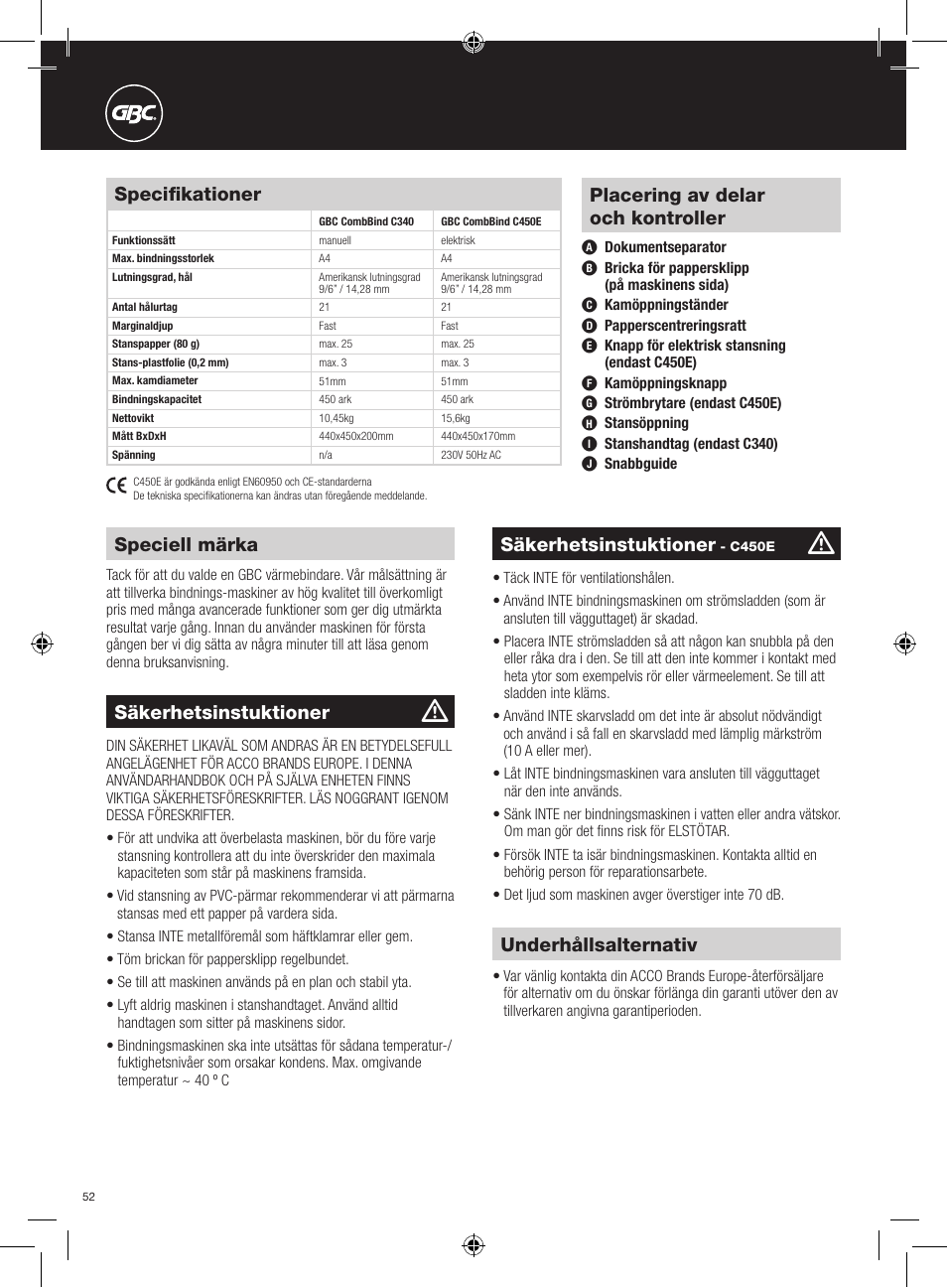 Speciell märka, Underhållsalternativ, Säkerhetsinstuktioner | Specifikationer, Placering av delar och kontroller | GBC C450E User Manual | Page 52 / 74