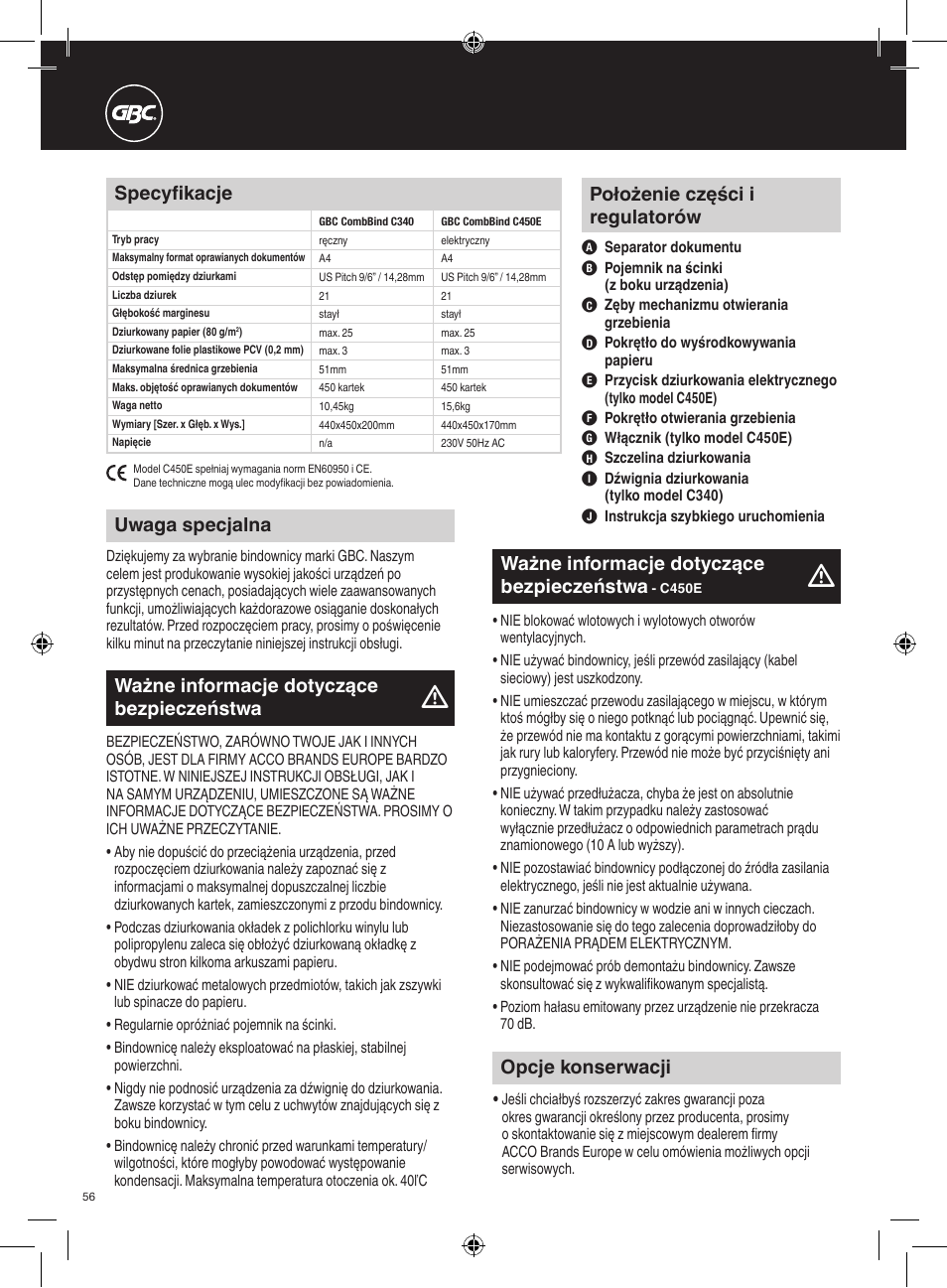 Opcje konserwacji, Ważne informacje dotyczące bezpieczeństwa, Położenie części i regulatorów | Specyfikacje | GBC C450E User Manual | Page 56 / 74