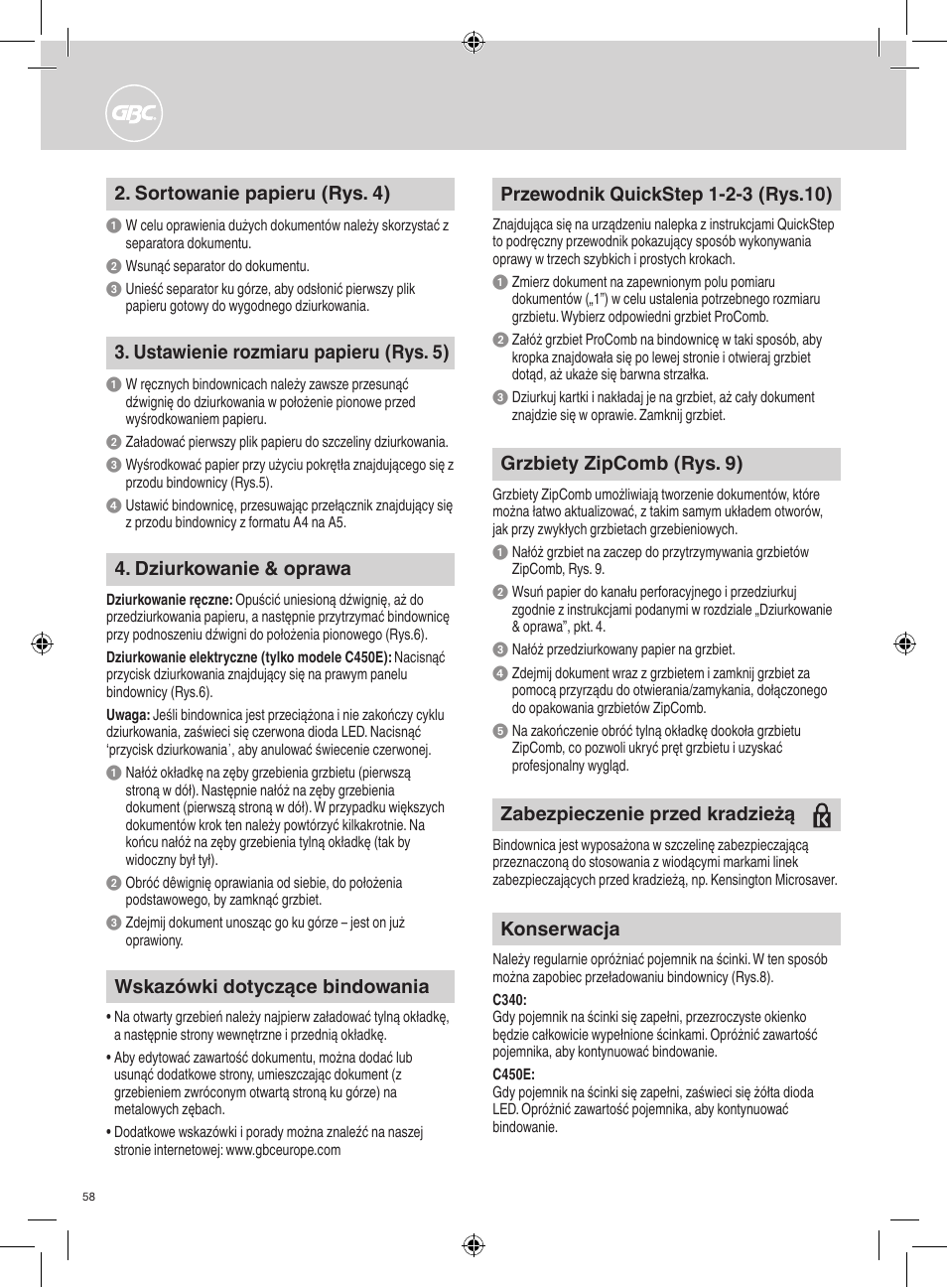 Dziurkowanie & oprawa, Wskazówki dotyczące bindowania, Sortowanie papieru (rys. 4) | Ustawienie rozmiaru papieru (rys. 5), Konserwacja, Zabezpieczenie przed kradzieżą, Grzbiety zipcomb (rys. 9) | GBC C450E User Manual | Page 58 / 74
