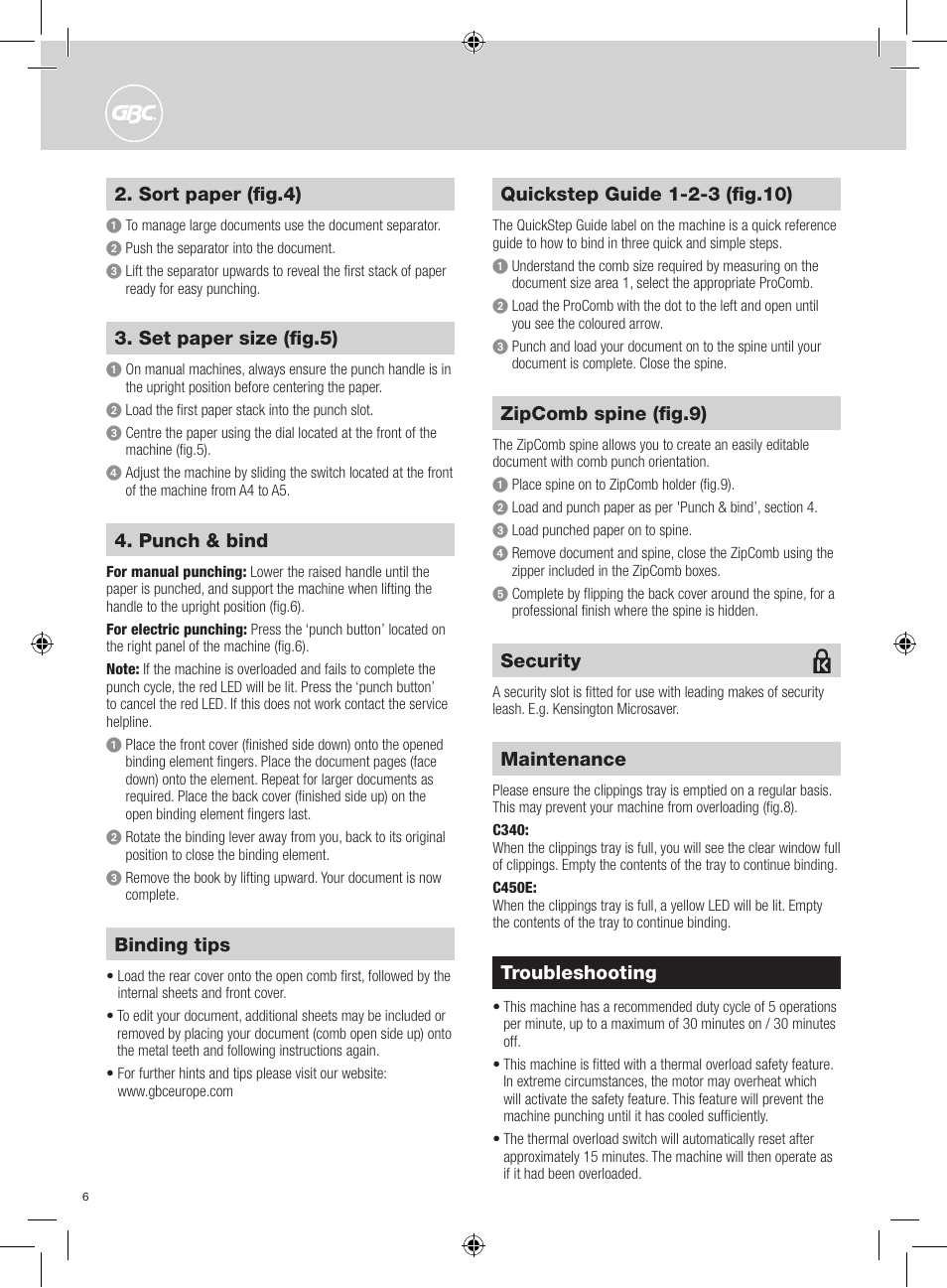 Troubleshooting, Maintenance, Security | Sort paper (fig.4), Set paper size (fig.5), Punch & bind, Binding tips, Zipcomb spine (fig.9) | GBC C450E User Manual | Page 6 / 74