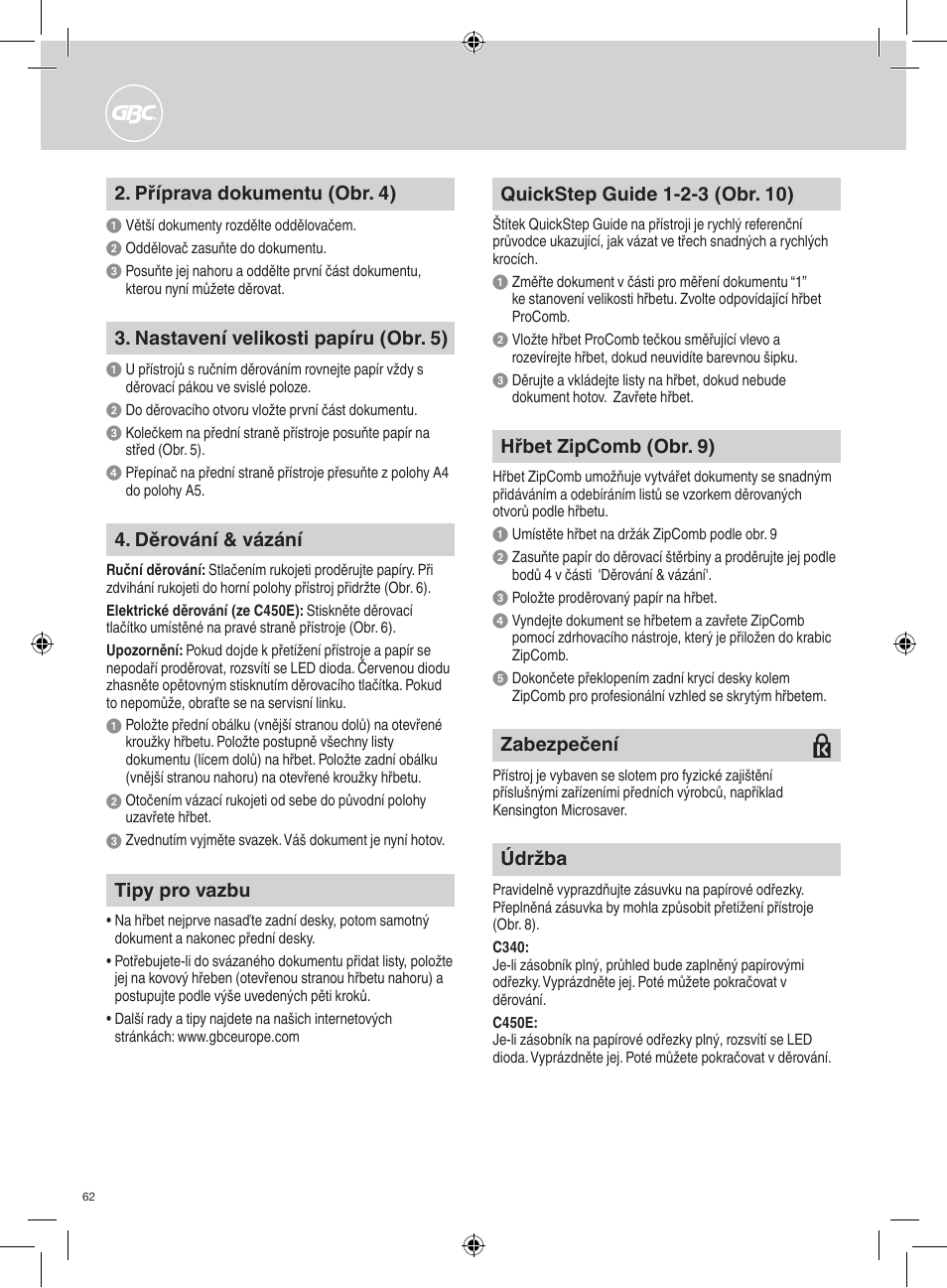 Děrování & vázání, Tipy pro vazbu, Příprava dokumentu (obr. 4) | Nastavení velikosti papíru (obr. 5), Údržba, Zabezpečení, Hřbet zipcomb (obr. 9) | GBC C450E User Manual | Page 62 / 74
