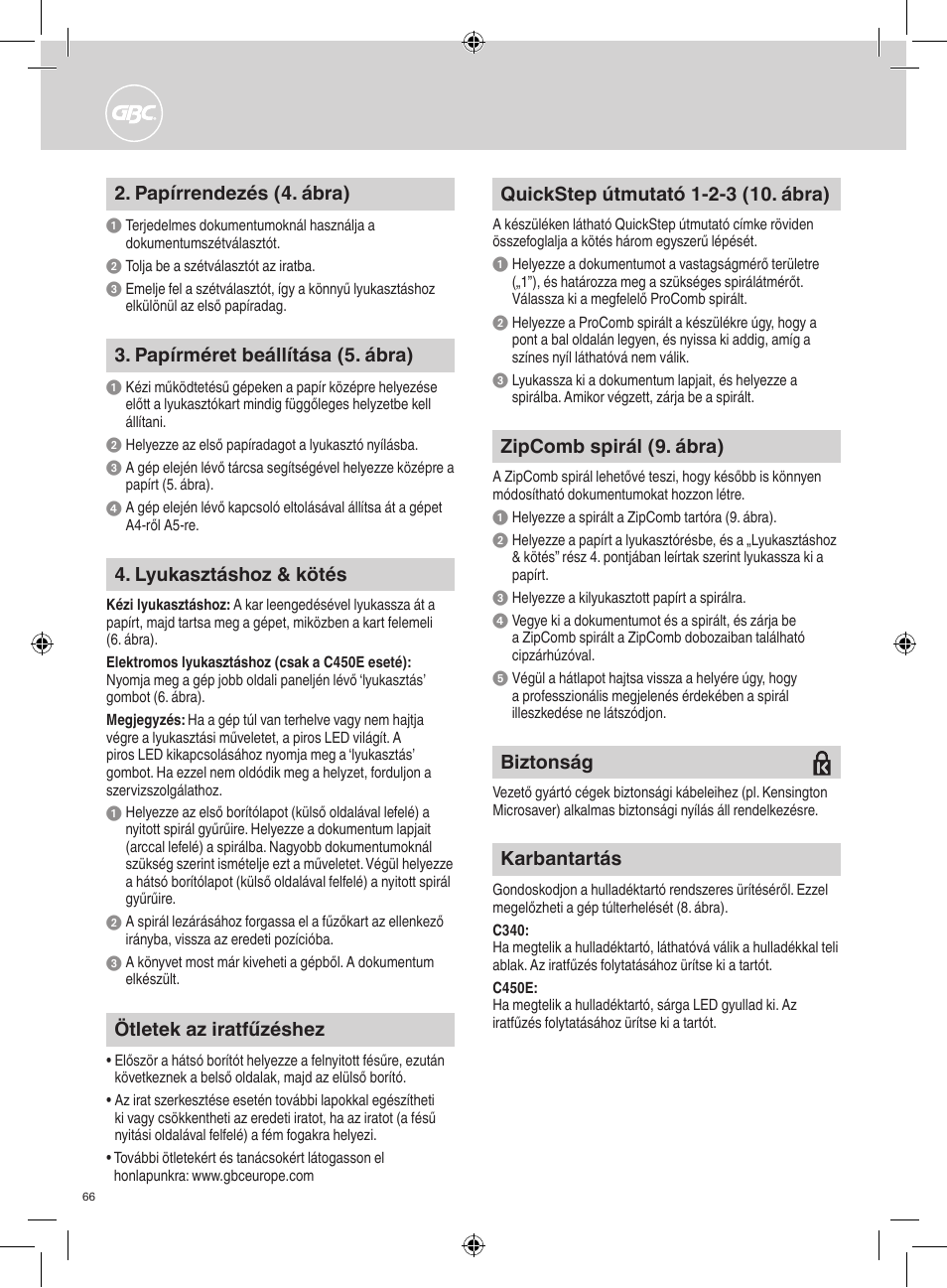 Lyukasztáshoz & kötés, Ötletek az iratfűzéshez, Papírrendezés (4. ábra) | Papírméret beállítása (5. ábra), Karbantartás, Biztonság, Zipcomb spirál (9. ábra) | GBC C450E User Manual | Page 66 / 74