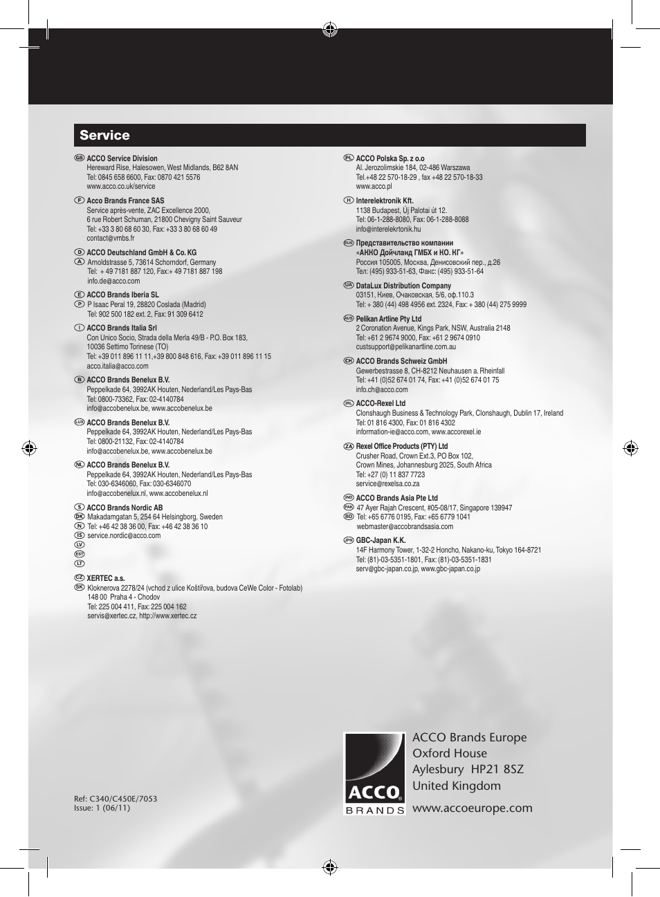 Service | GBC C450E User Manual | Page 74 / 74