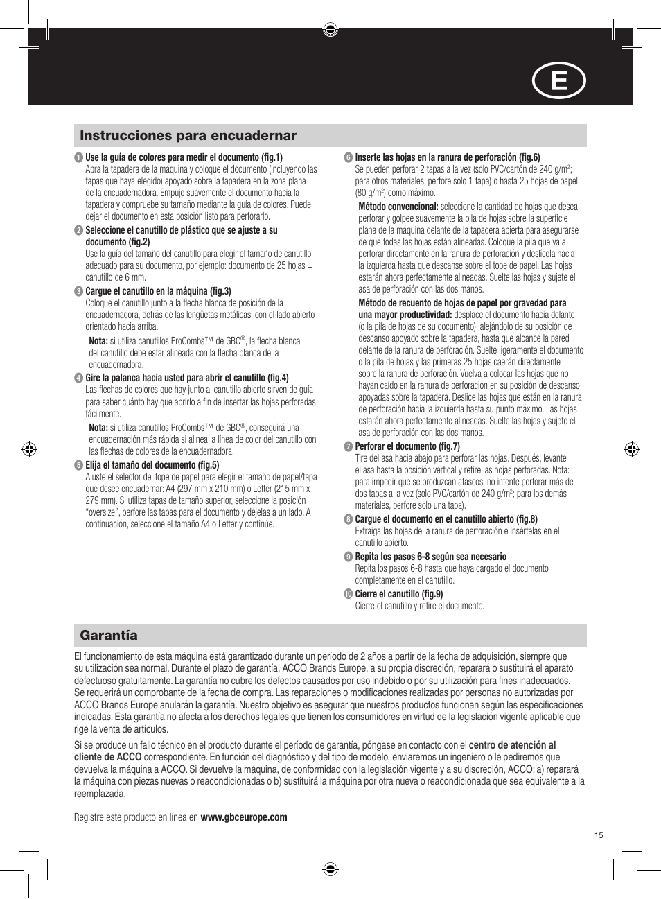 Instrucciones para encuadernar, Garantía | GBC C210 User Manual | Page 15 / 40