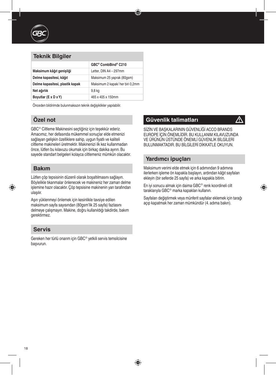 Bakım, Servis, Yardımcı ipuçları | Teknik bilgiler, Özel not, Güvenlik talimatları | GBC C210 User Manual | Page 18 / 40