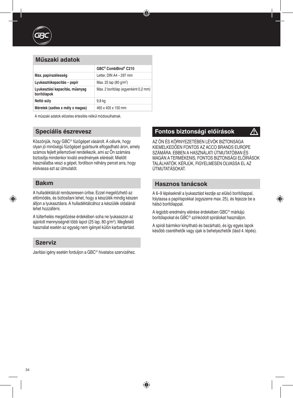Bakım, Szerviz, Hasznos tanácsok | Műszaki adatok, Fontos biztonsági előírások, Speciális észrevesz | GBC C210 User Manual | Page 34 / 40