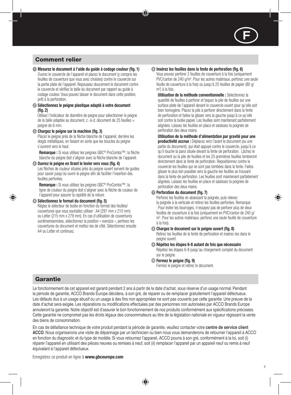 Comment relier, Garantie | GBC C210 User Manual | Page 7 / 40