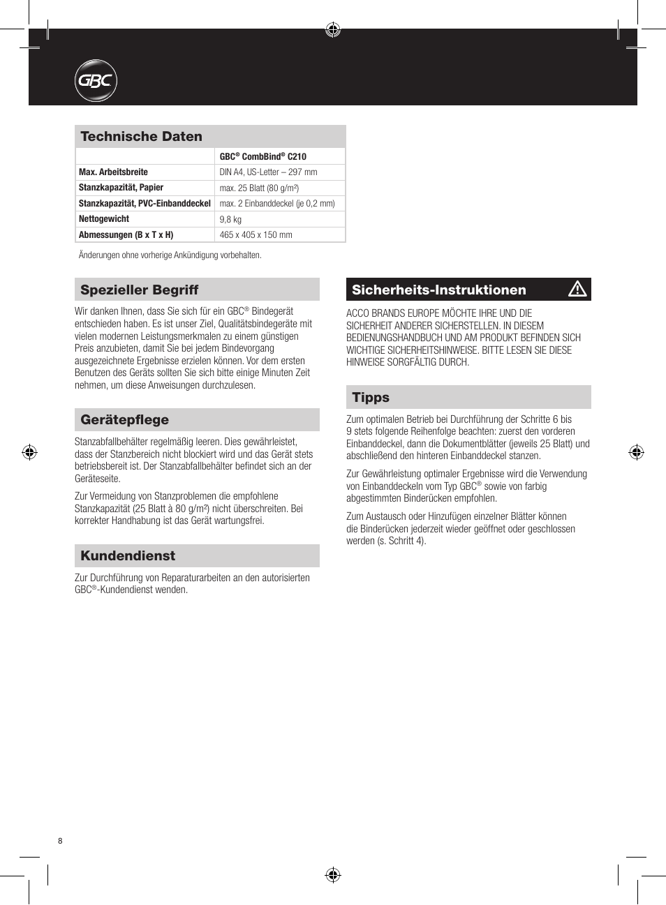 Gerätepflege, Kundendienst, Tipps | Technische daten, Spezieller begriff, Sicherheits-instruktionen | GBC C210 User Manual | Page 8 / 40