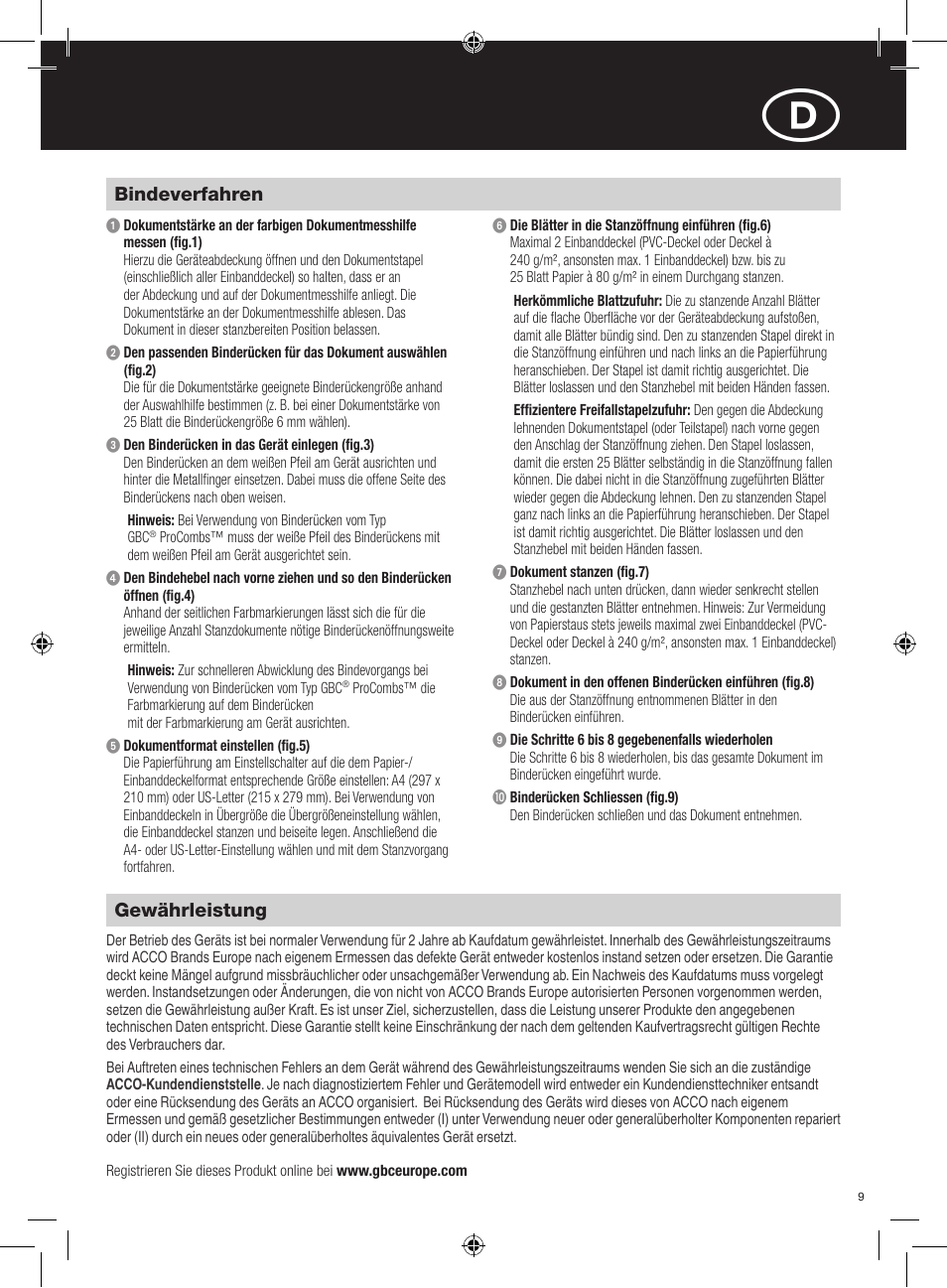 Bindeverfahren, Gewährleistung | GBC C210 User Manual | Page 9 / 40