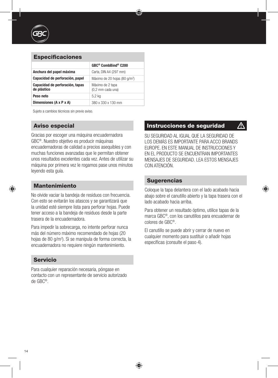 Aviso especial, Instrucciones de seguridad, Mantenimiento | Servicio, Sugerencias, Especificaciones | GBC C200 User Manual | Page 14 / 40