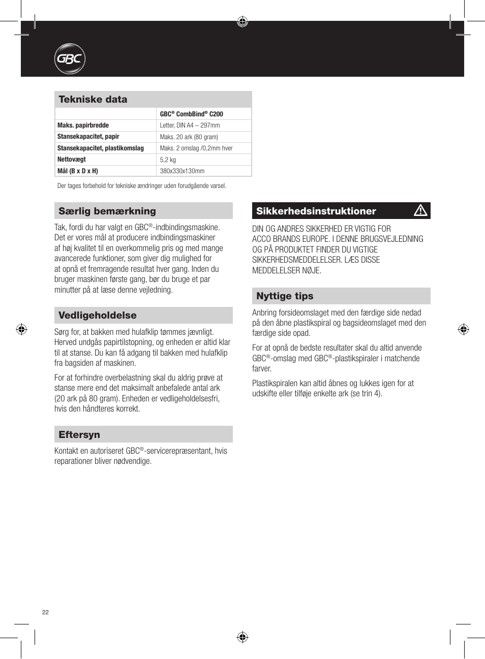 Særlig bemærkning, Tekniske data, Sikkerhedsinstruktioner | Vedligeholdelse, Eftersyn, Nyttige tips | GBC C200 User Manual | Page 22 / 40