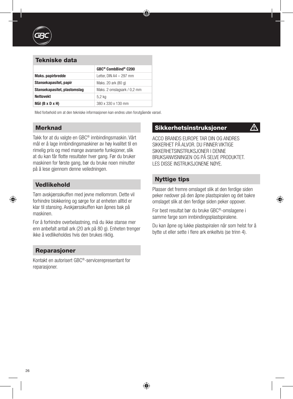 Merknad, Tekniske data, Sikkerhetsinstruksjoner | Vedlikehold, Reparasjoner, Nyttige tips | GBC C200 User Manual | Page 26 / 40