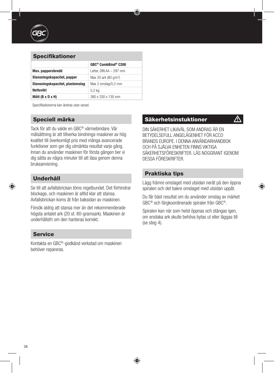 Säkerhetsinstuktioner, Speciell märka, Specifikationer | Underhåll, Service, Praktiska tips | GBC C200 User Manual | Page 28 / 40