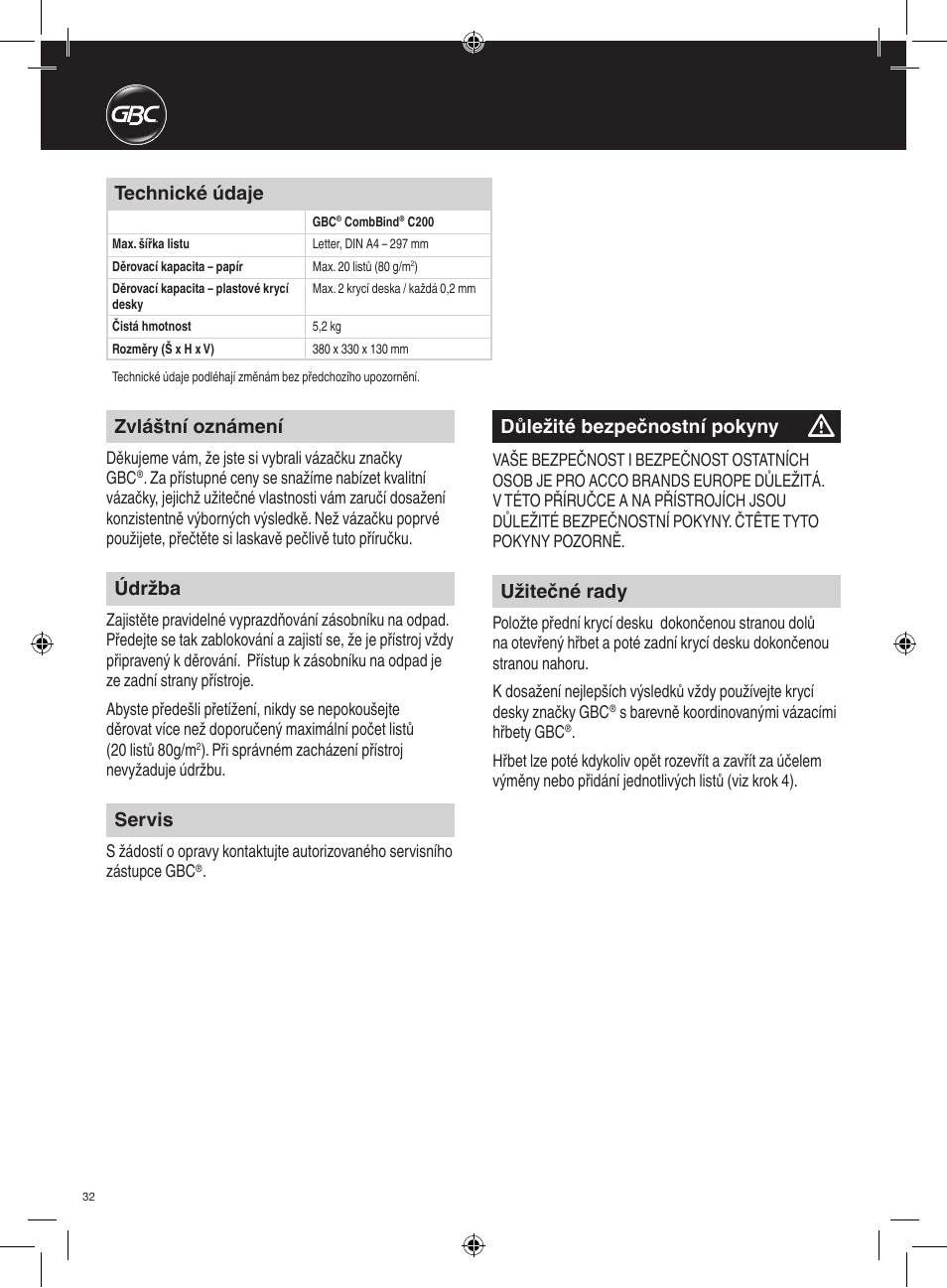 Důležité bezpečnostní pokyny, Zvláštní oznámení, Údržba | Servis, Užitečné rady, Technické údaje | GBC C200 User Manual | Page 32 / 40