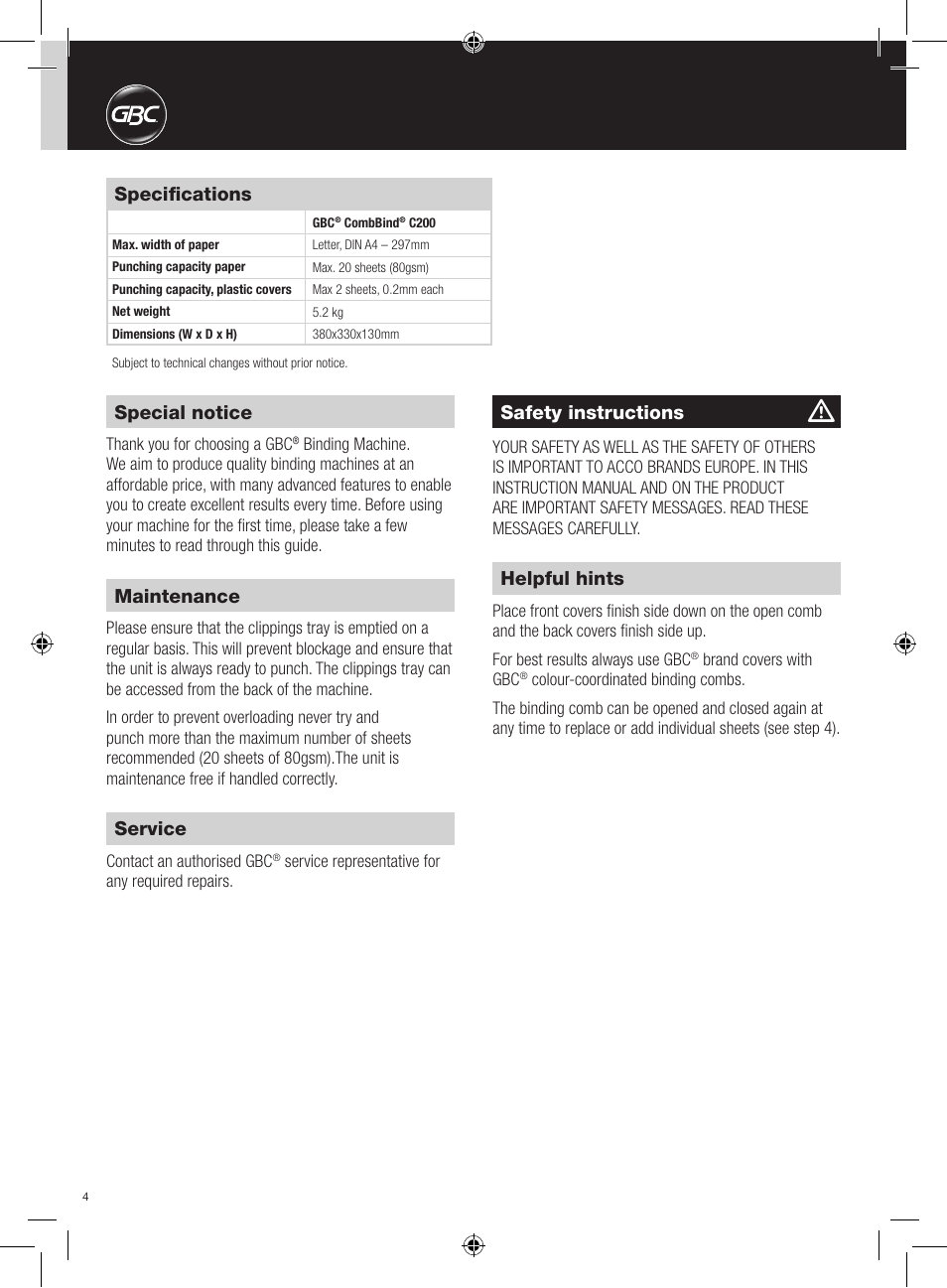 Special notice, Specifications, Safety instructions | Maintenance, Service, Helpful hints | GBC C200 User Manual | Page 4 / 40