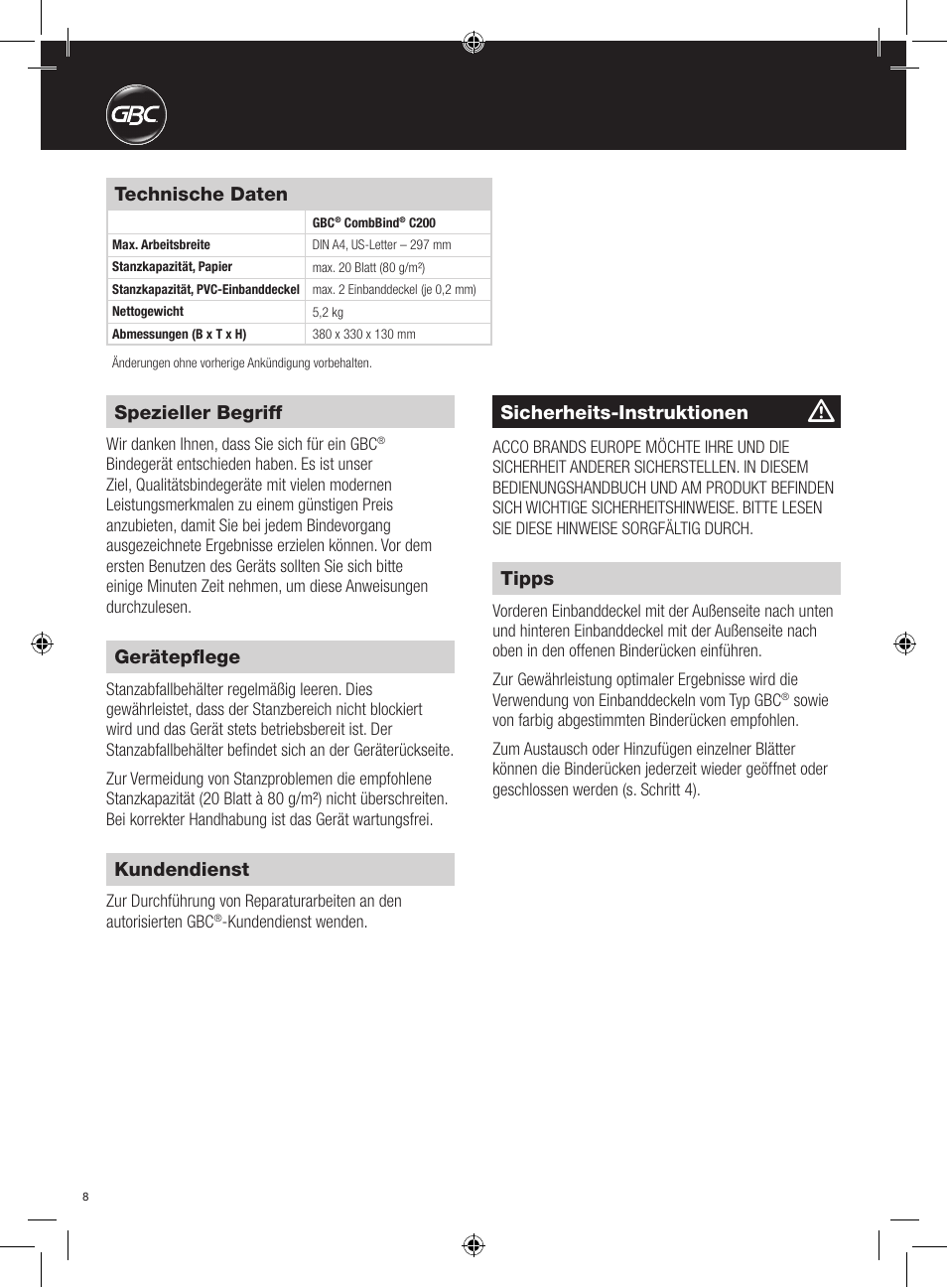 Spezieller begriff, Technische daten, Sicherheits-instruktionen | Gerätepflege, Kundendienst, Tipps | GBC C200 User Manual | Page 8 / 40