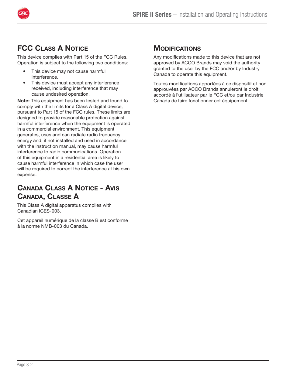 Fcc class a notice, Canada class a notice - avis canada, classe a, Modifications | Fcc c | GBC 64C User Manual | Page 12 / 44