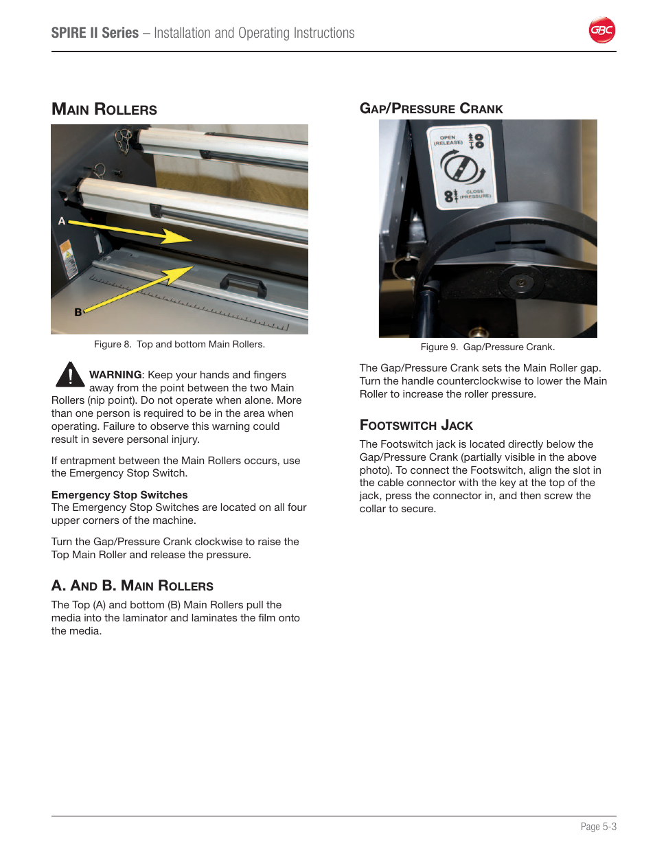 A. and b. main rollers, Gap/pressure crank, Footswitch jack | GBC 64C User Manual | Page 17 / 44