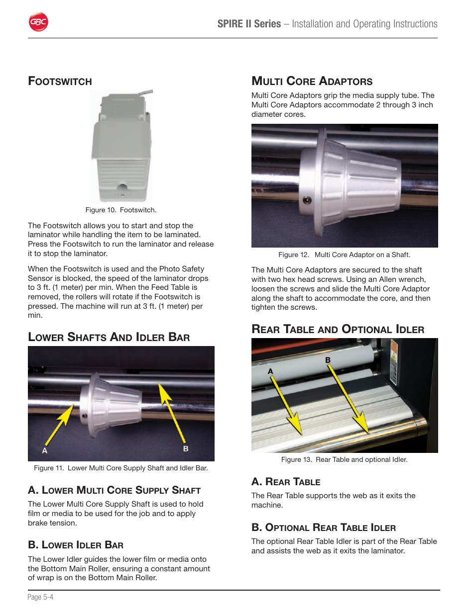Footswitch, Lower shafts and idler bar, A. lower multi core supply shaft | B. lower idler bar, Multi core adaptors, Rear table and optional idler, A. rear table, B. optional rear table idler | GBC 64C User Manual | Page 18 / 44