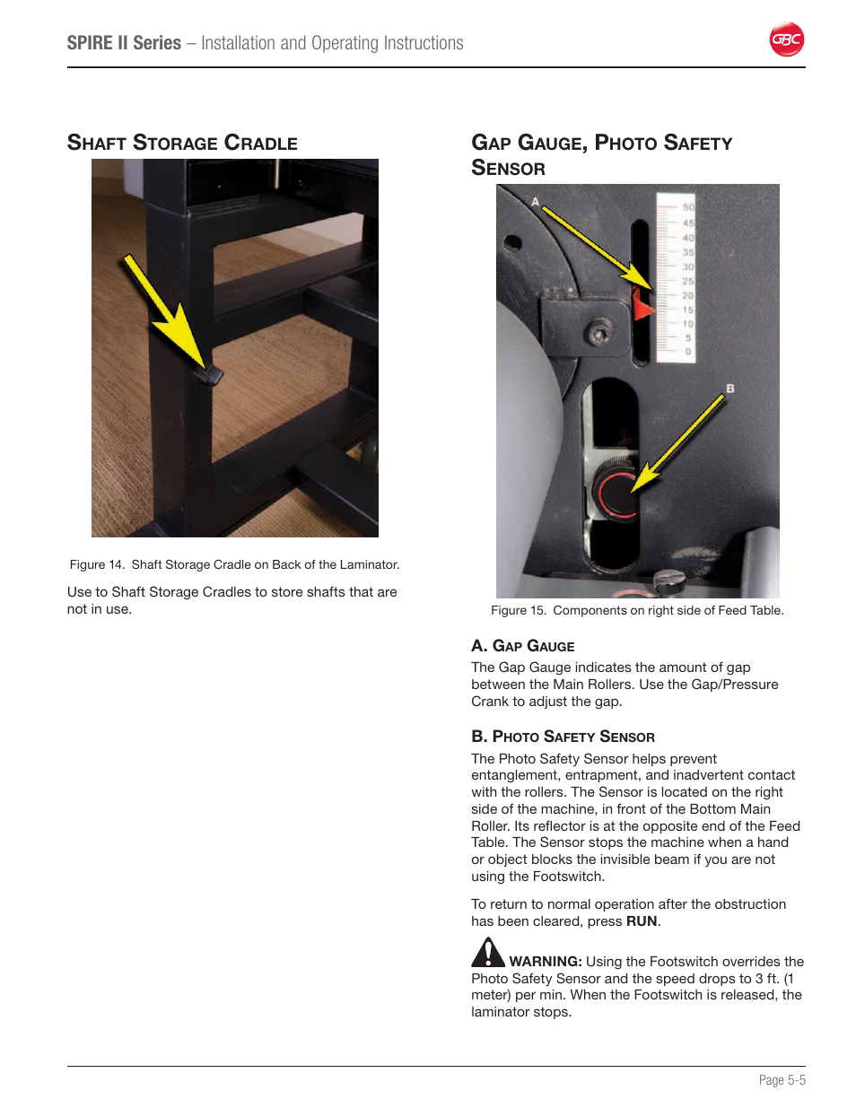 Shaft storage cradle, Gap gauge, photo safety sensor | GBC 64C User Manual | Page 19 / 44