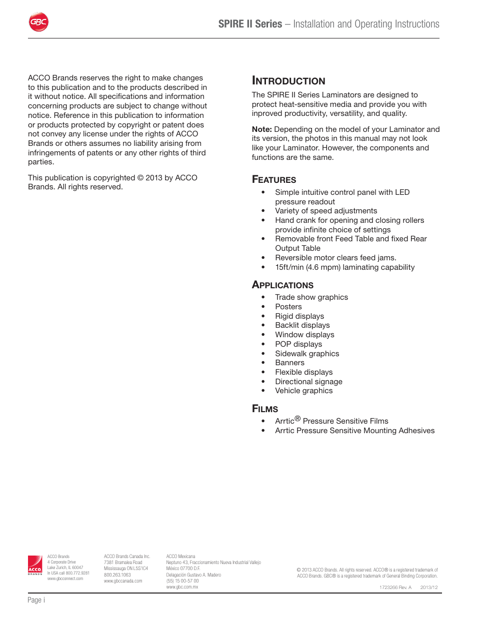 Introduction, Features, Applications | Films | GBC 64C User Manual | Page 2 / 44