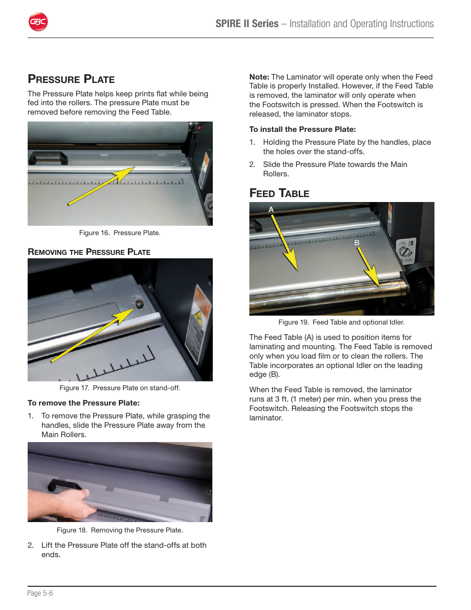 Pressure plate, Feed table | GBC 64C User Manual | Page 20 / 44