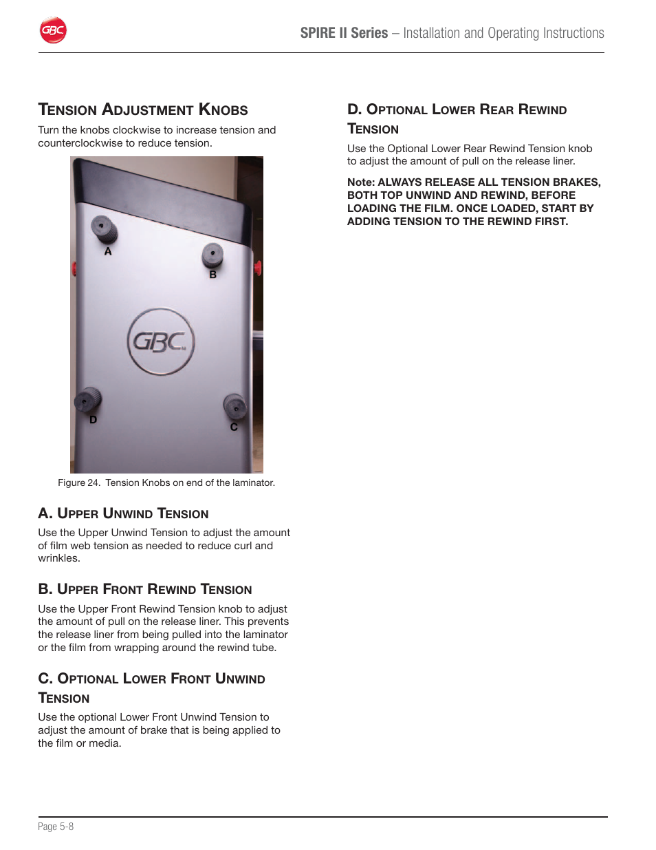 Tension adjustment knobs, A. upper unwind tension, B. upper front rewind tension | C. optional lower front unwind tension, D. optional lower rear rewind tension | GBC 64C User Manual | Page 22 / 44