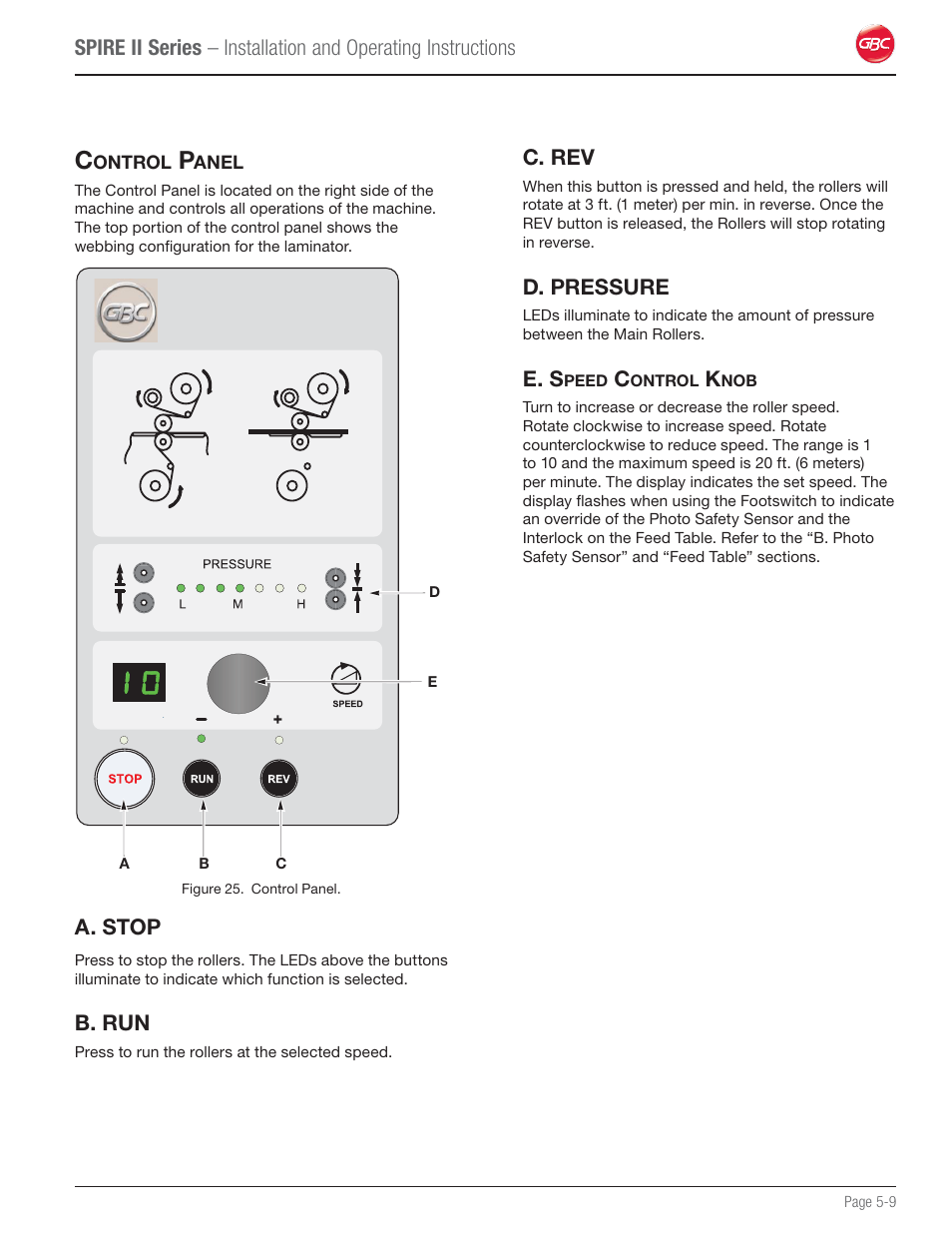 Control panel, B. run, C. rev | D. pressure, E. speed control knob | GBC 64C User Manual | Page 23 / 44