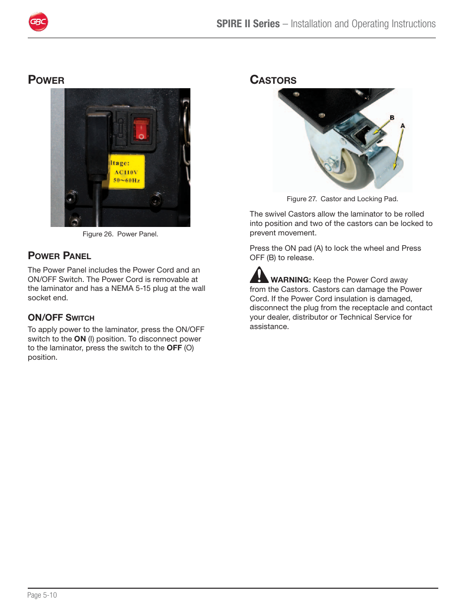 Power, Power panel, Castors | GBC 64C User Manual | Page 24 / 44