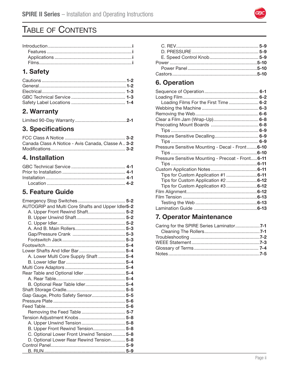 Able, Ontents, Safety | Warranty, Specifications, Installation, Feature guide, Operation, Operator maintenance | GBC 64C User Manual | Page 3 / 44