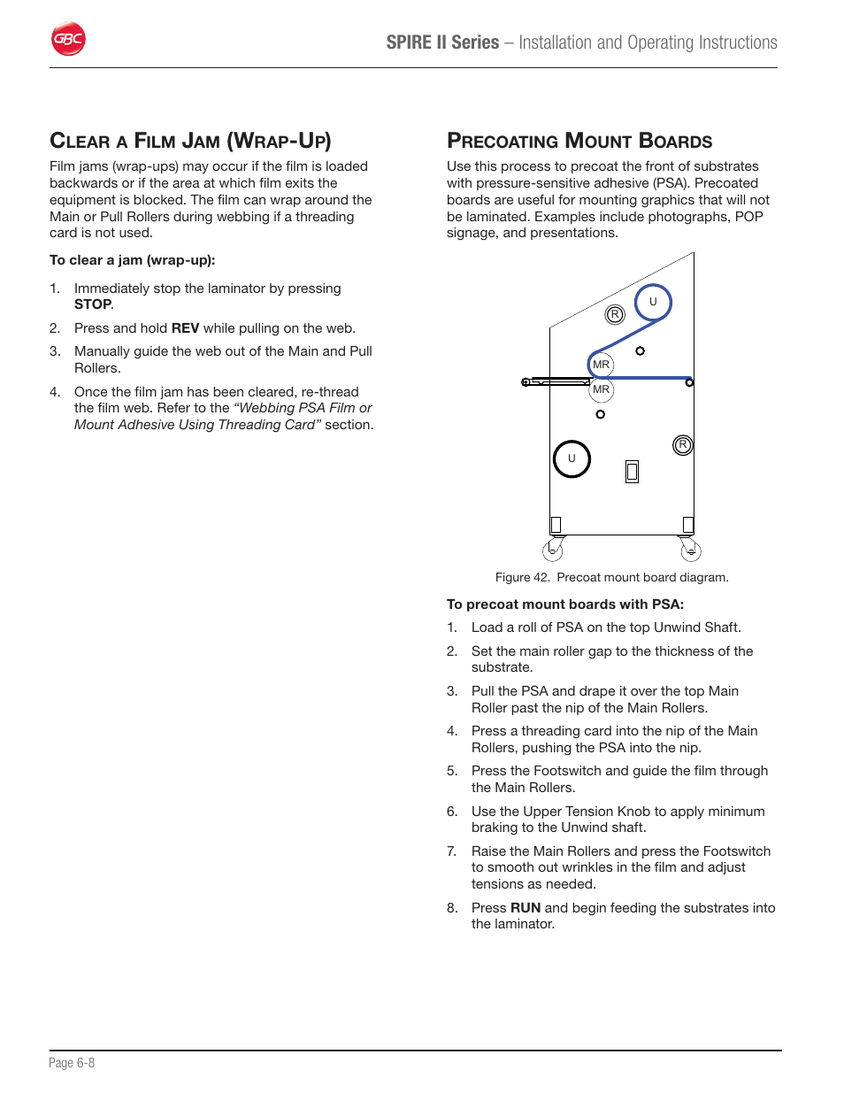 Clear a film jam (wrap-up), Precoating mount boards | GBC 64C User Manual | Page 32 / 44