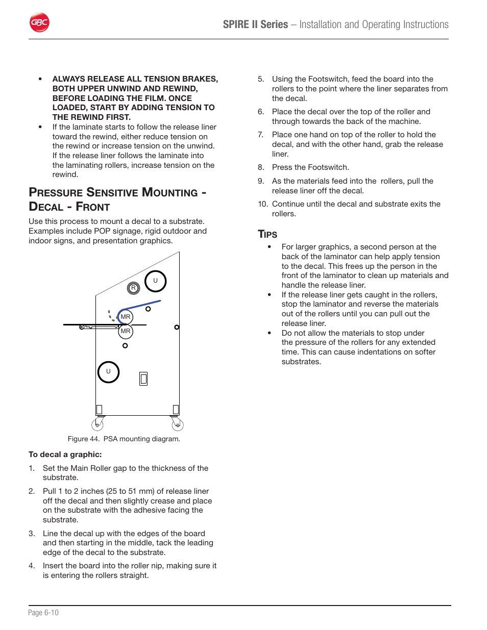 Pressure sensitive mounting - decal - front, Tips | GBC 64C User Manual | Page 34 / 44