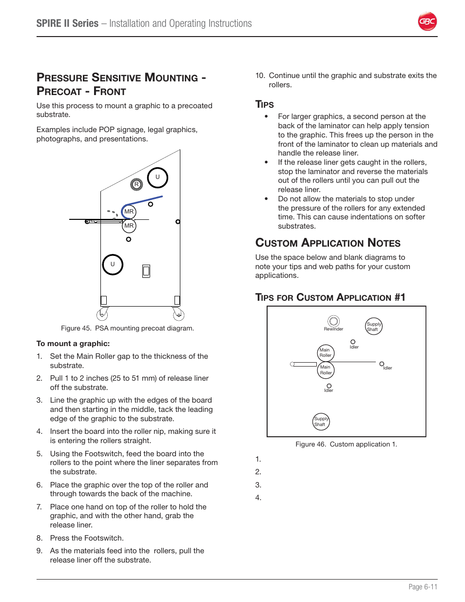 Pressure sensitive mounting - precoat - front, Tips, Custom application notes | Tips for custom application #1 | GBC 64C User Manual | Page 35 / 44