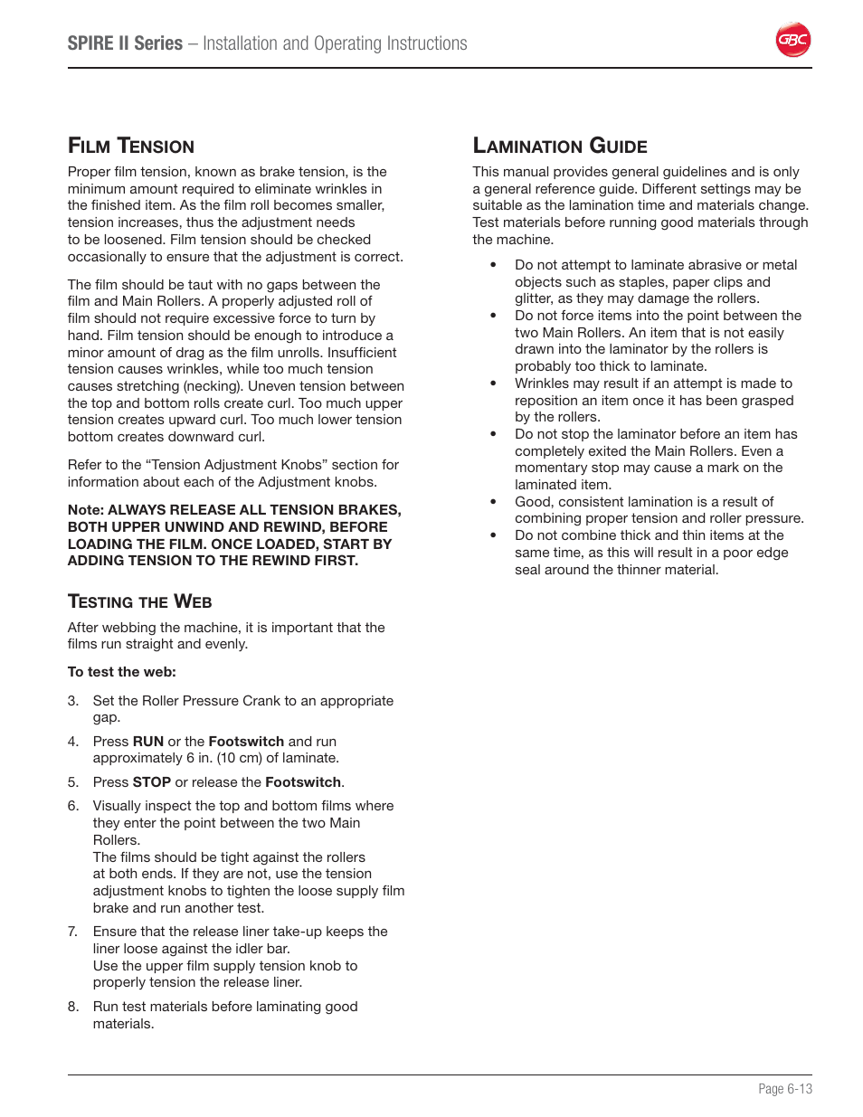 Film tension, Testing the web, Lamination guide | GBC 64C User Manual | Page 37 / 44