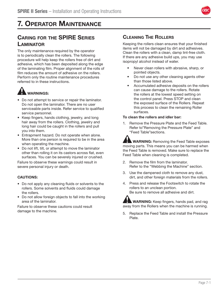 Operator maintenance, Caring for the spire series laminator, Cleaning the rollers | Spire s, Perator, Aintenance | GBC 64C User Manual | Page 39 / 44