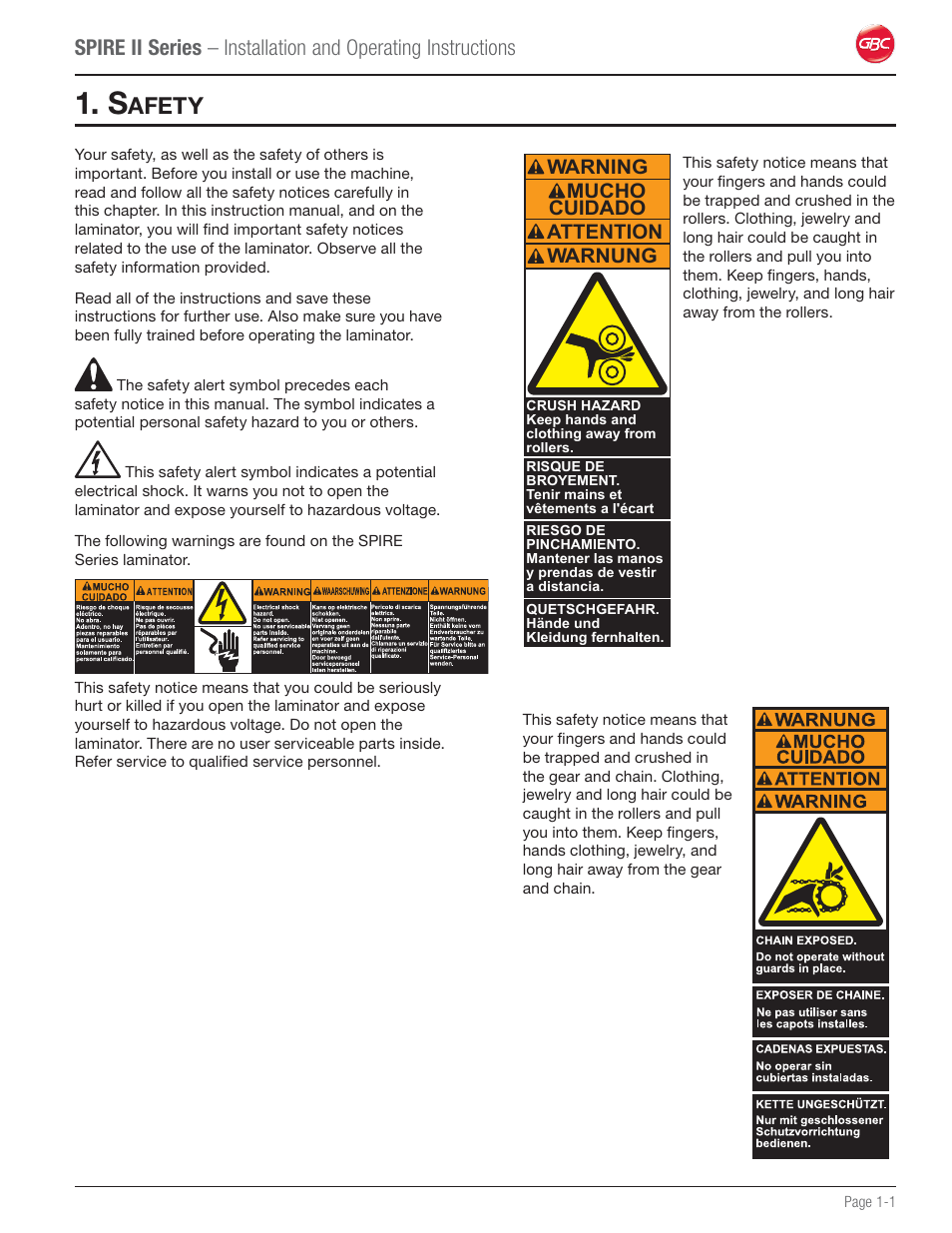 Safety, Afety, Mucho cuidado warning attention warnung | GBC 64C User Manual | Page 5 / 44