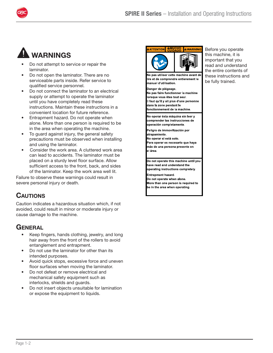 Cautions, General, Warnings | GBC 64C User Manual | Page 6 / 44