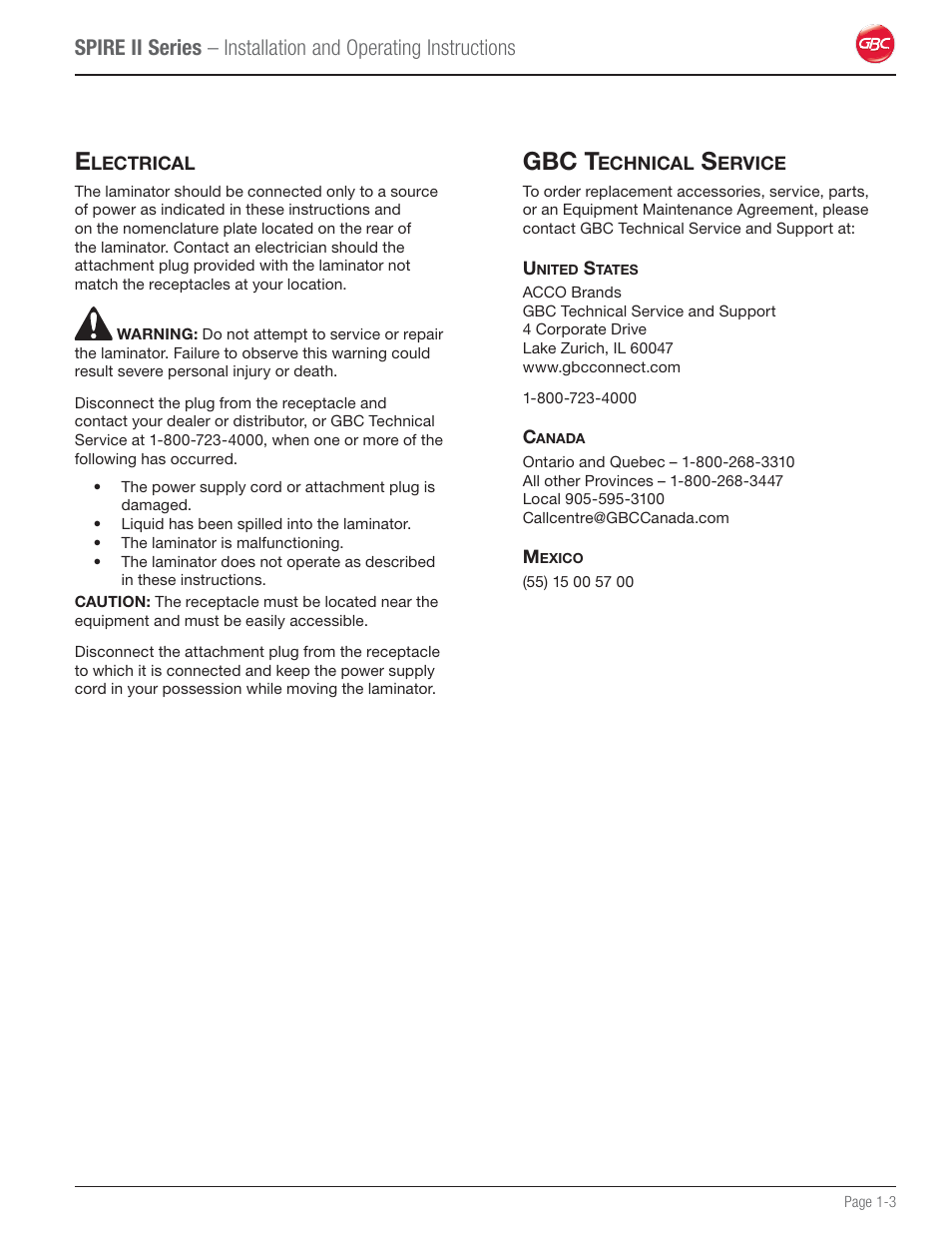 Electrical, Gbc technical service, Gbc t | GBC 64C User Manual | Page 7 / 44