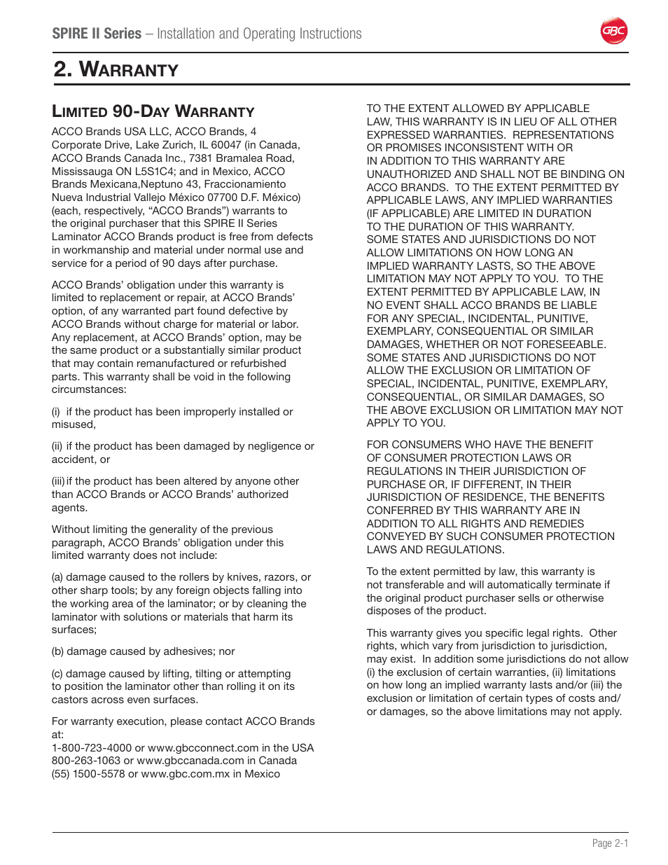 Warranty, Limited 90-day warranty, Arranty | GBC 64C User Manual | Page 9 / 44