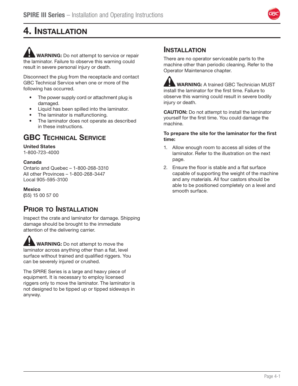Installation, Gbc technical service, Prior to installation | Gbc t, Nstallation | GBC 64Ct User Manual | Page 13 / 48