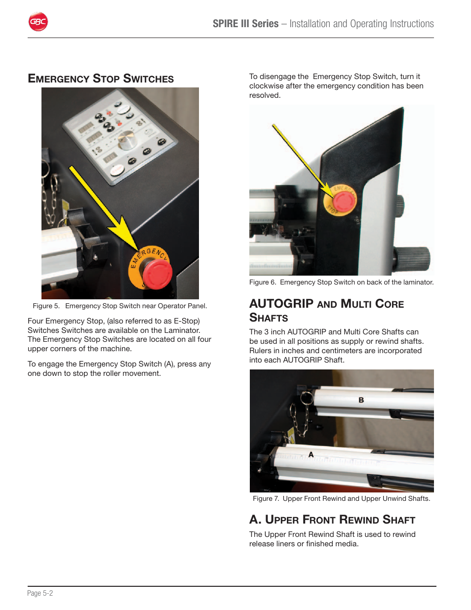 Emergency stop switches, Autogrip and multi core shafts, A. upper front rewind shaft | Autogrip, A. u | GBC 64Ct User Manual | Page 16 / 48