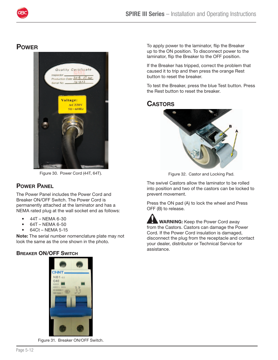 Power, Power panel, Castors | GBC 64Ct User Manual | Page 26 / 48