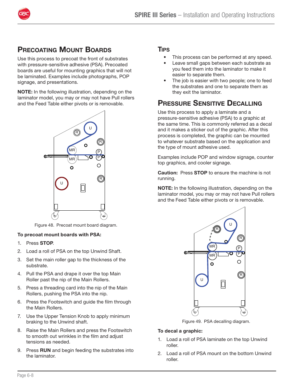 Precoating mount boards, Tips, Pressure sensitive decalling | GBC 64Ct User Manual | Page 34 / 48